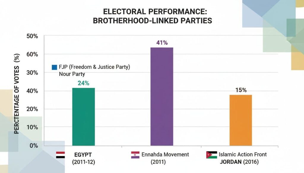 A bar chart comparing the election performance of parties linked to the Brotherhood in Egypt, Tunisia, and Jordan, highlighting vote shares or seats won.