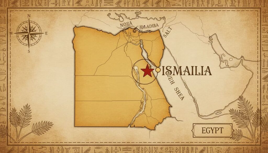 This is a detailed map of Egypt prominently highlighting the city of Ismailia in the northeastern region. Ismailia is strategically located near the Suez Canal.
