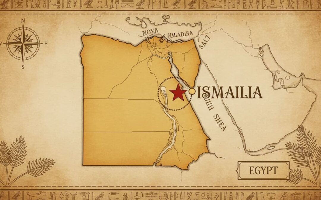 This is a detailed map of Egypt prominently highlighting the city of Ismailia in the northeastern region. Ismailia is strategically located near the Suez Canal.