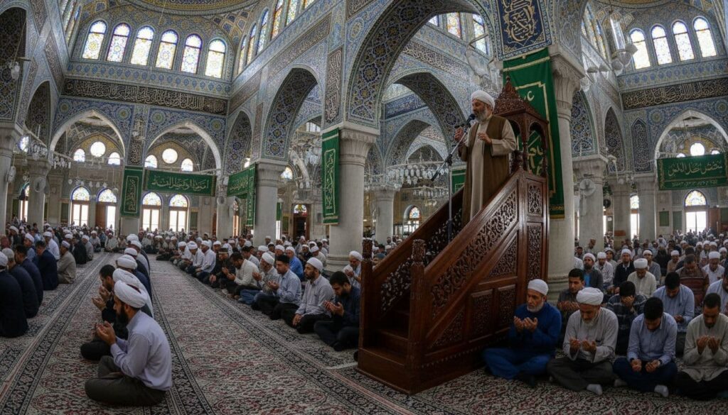 Depictions of mosques where preachers urge a return to traditional Islamic values while condemning and fighting corruption.