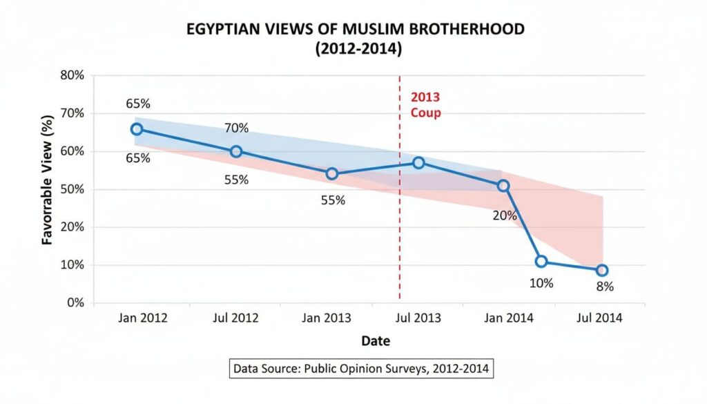 A line graph illustrating the shift in favorable views towards the Muslim Brotherhood in Egypt before and after the 2013 military coup.