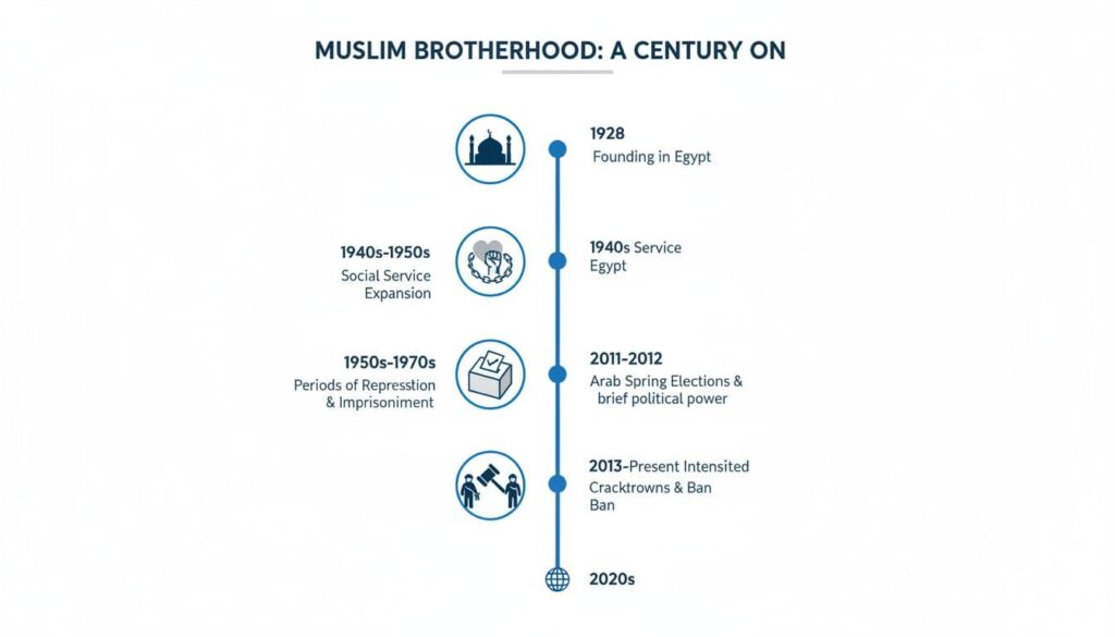 Clean vertical infographic timeline of major Muslim Brotherhood milestones from founding in Egypt 1928 to 2020s, featuring icons for social services, repression, Arab Spring elections, and crackdowns.