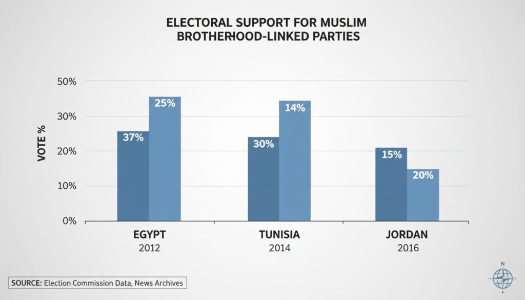 Bar chart comparing vote percentages for Muslim Brotherhood linked parties in key elections in Egypt, Tunisia, and Jordan, labeled by year and country, suitable for a news article.