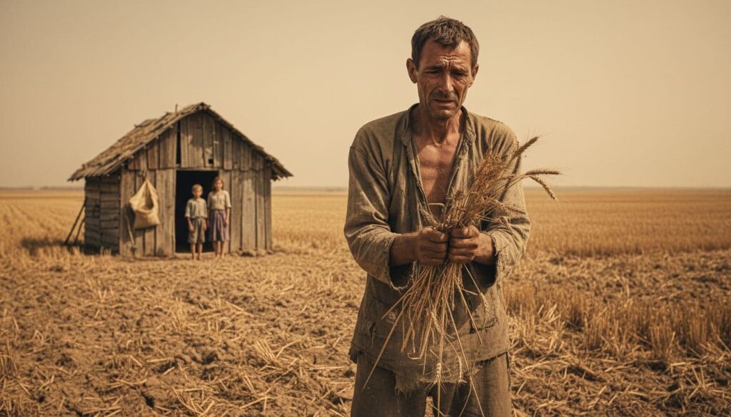 A farmer hit by severe drought watches his crops fail, borrows grain to feed his family, but another failed harvest leaves him unable to repay his debts.