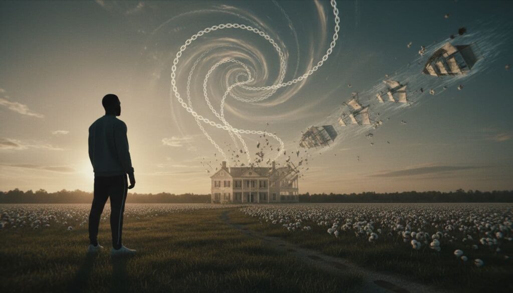 A figure stands in present-day America, contemplating plantations, chains, and the Atlantic slave trade, as time rewinds backward through history.