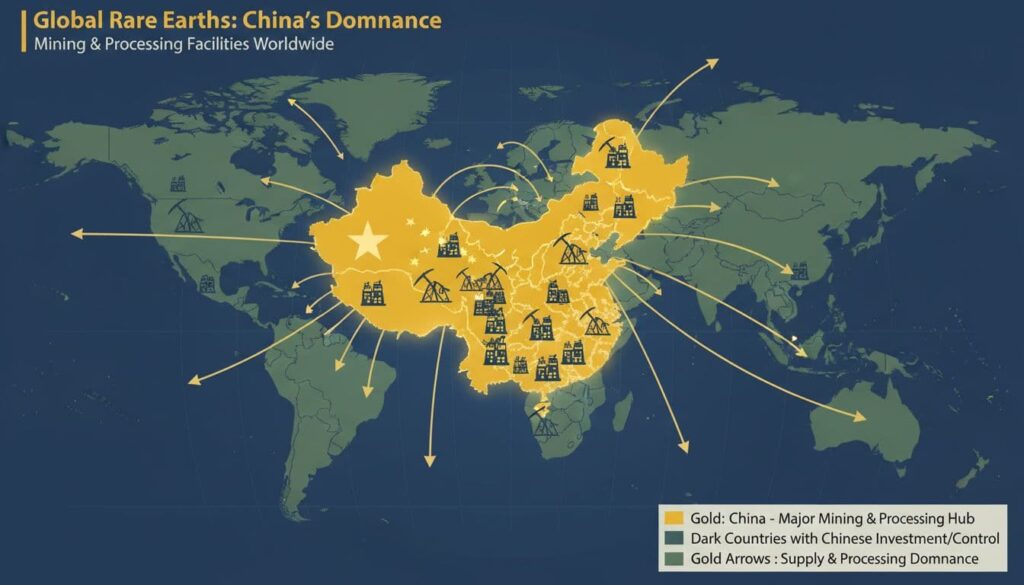 This world map visually represents China's overwhelming control over global rare earth mining and processing operations. Key regions and market shares are highlighted to show the extent of this dominance.