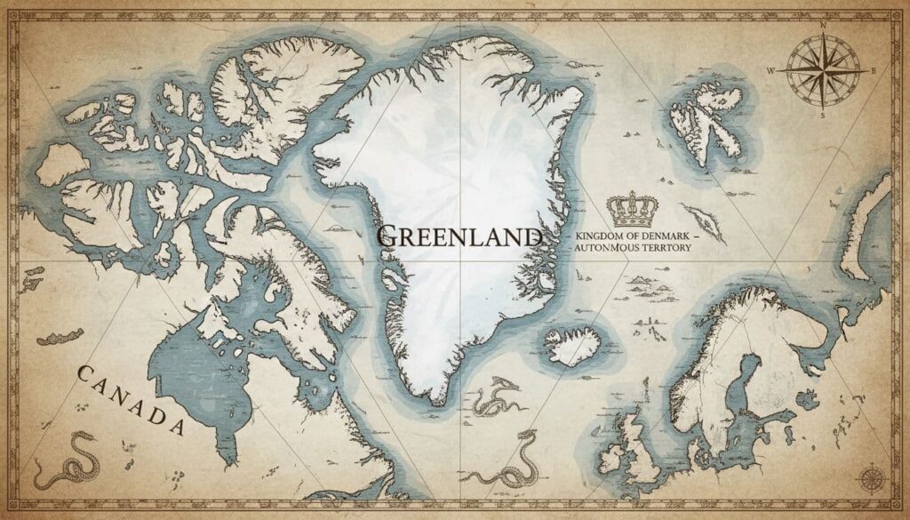 High above North America, past Canada's Arctic islands, lies Greenland, a massive ice and rock covered land, autonomous territory of Denmark at the Atlantic-Arctic confluence.