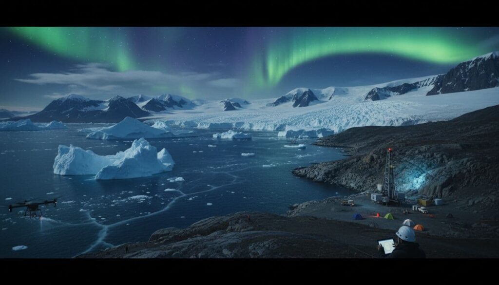 Vast icy landscapes of Greenland, part of Denmark, where Arctic meets Atlantic, hiding valuable minerals beneath ice and rock.