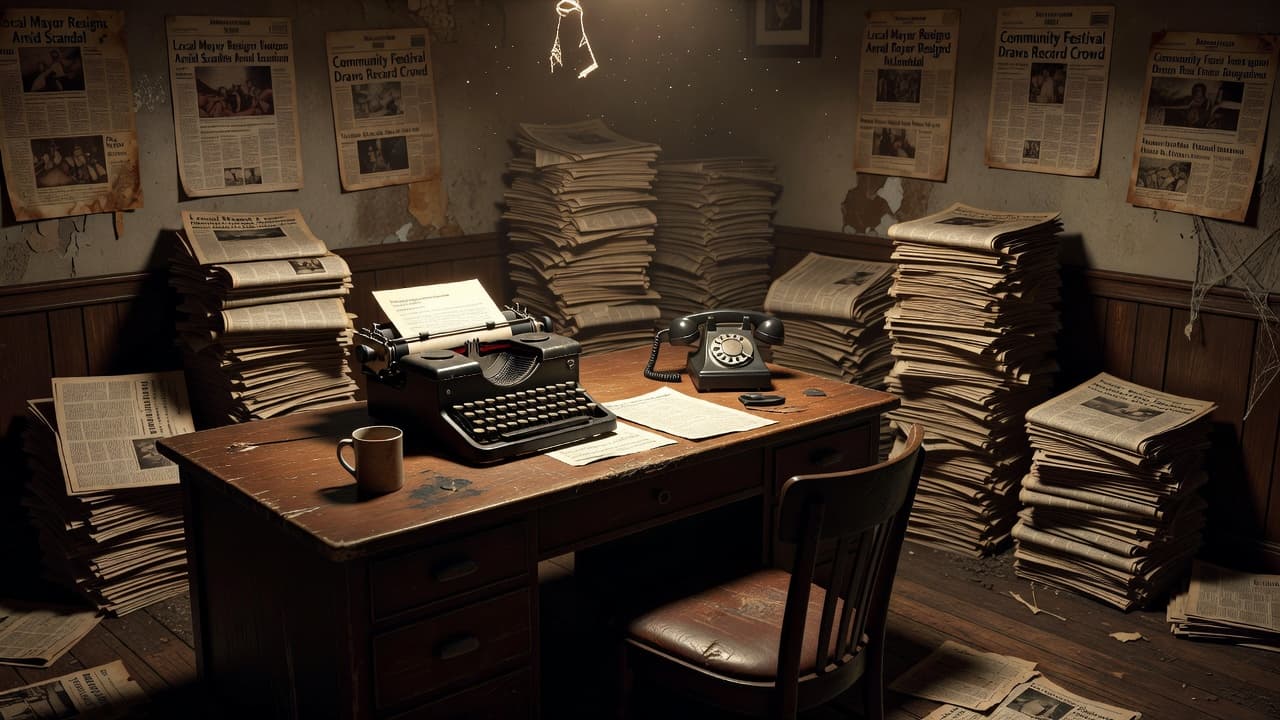 A solitary wooden desk sits in a dimly lit, historic newsroom filled with shadows. Tall stacks of yellowed, dusty newspapers rest against a brick wall, illuminated by warm, fading amber light.