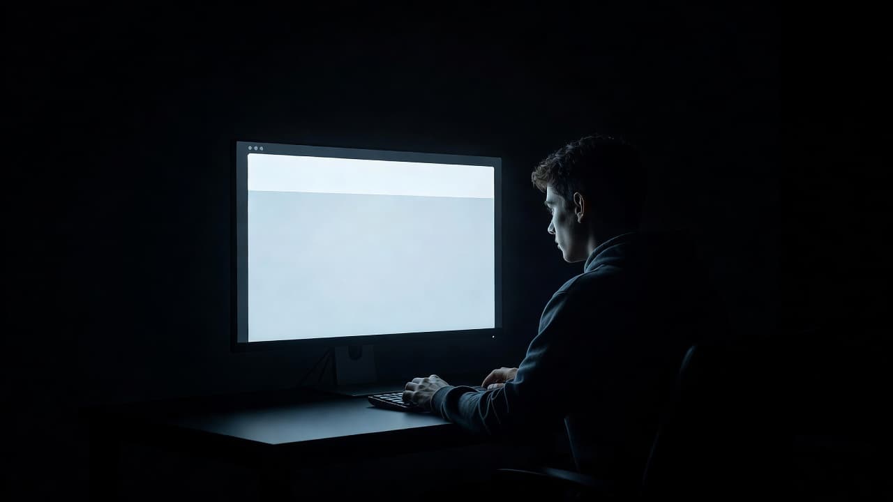 A person sits in a dim room facing a glowing screen that displays a clean search interface. The display features a prominent highlighted summary box amidst deep shadows and dramatic lighting.