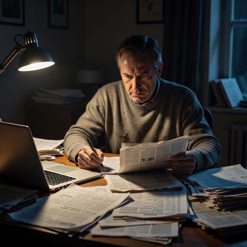A focused individual sits at a dark wooden desk reviewing printed articles and digital data on a laptop. Dramatic, high-contrast lighting emphasizes the subject's thoughtful expression and concentrated workspace environment.