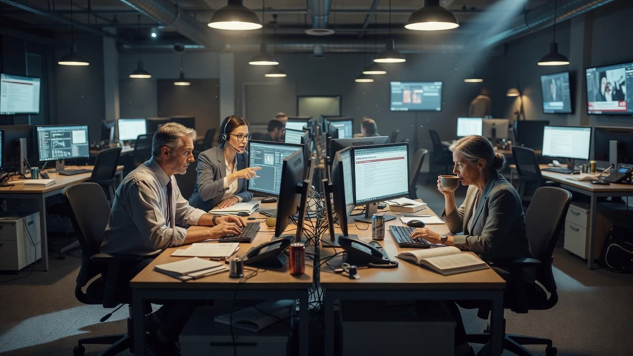 Three journalists sit at sleek desks equipped with multiple glowing computer monitors inside a bustling media studio. Cinematic lighting highlights the intense focus on their faces amidst a dark background.