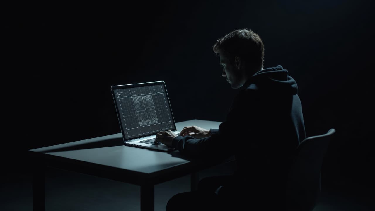 A focused individual sits at a dark desk examining a glowing laptop screen covered in faint digital grids. Dramatic low-key lighting creates deep shadows across the room and emphasizes the silhouette.