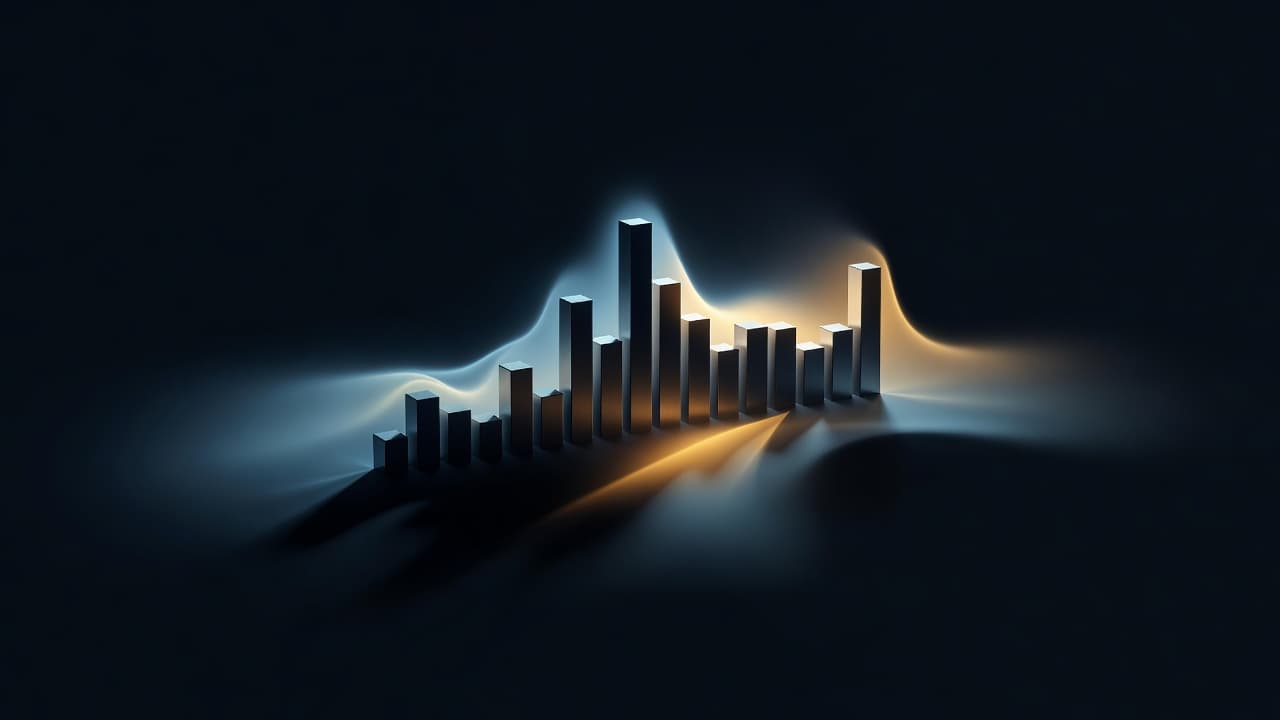 A luminous bar chart rises from deep shadows, featuring a glowing hazy aura that illustrates a range of statistical uncertainty. Vibrant blue and warm orange light highlights the central data structure.