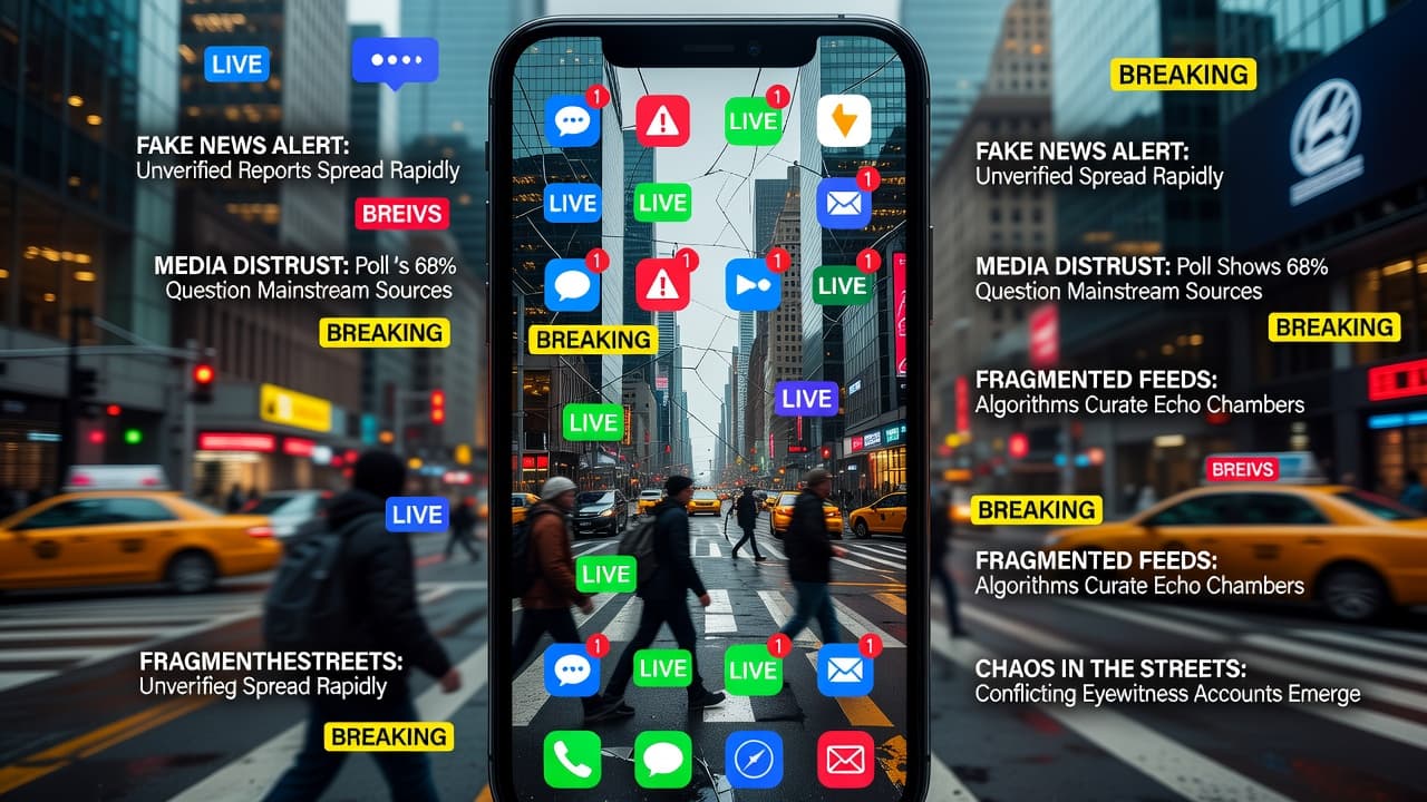A handheld smartphone screen reflects a bustling, blurry city street at dusk. Multiple colorful application icons and floating text snippets are overlaid onto the glass, creating a sense of digital chaos.