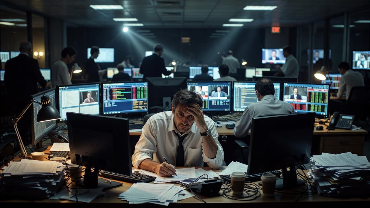 A weary journalist sits at a desk cluttered with glowing monitors in a dark, fast-paced newsroom. Dramatic overhead lighting casts sharp shadows across the room, highlighting the intense and chaotic atmosphere.
