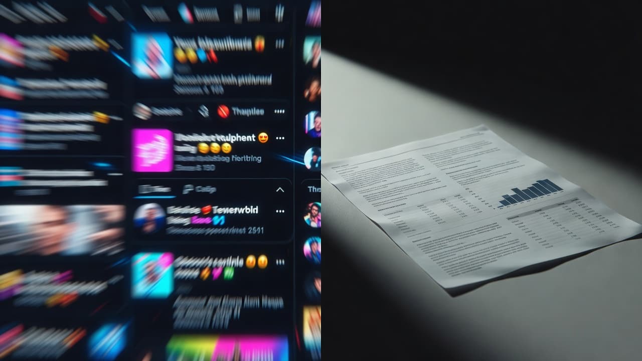A split frame displays a blurred, chaotic social media feed on the left side contrasted against a crisp, sharp document with clearly defined lines on the right side under cinematic lighting.