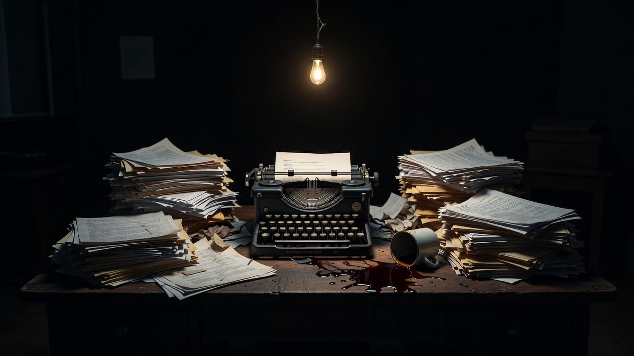 A classic metal typewriter sits on a cluttered desk amidst messy stacks of paper and a knocked over coffee cup. A single hanging bulb casts dramatic shadows across the dark room.