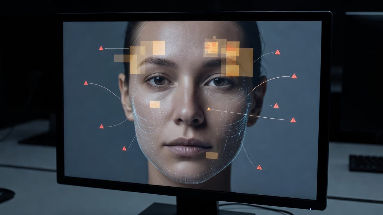 A computer monitor showing detailed data overlays and facial recognition tracking on a video feed as part of forensic analysis.