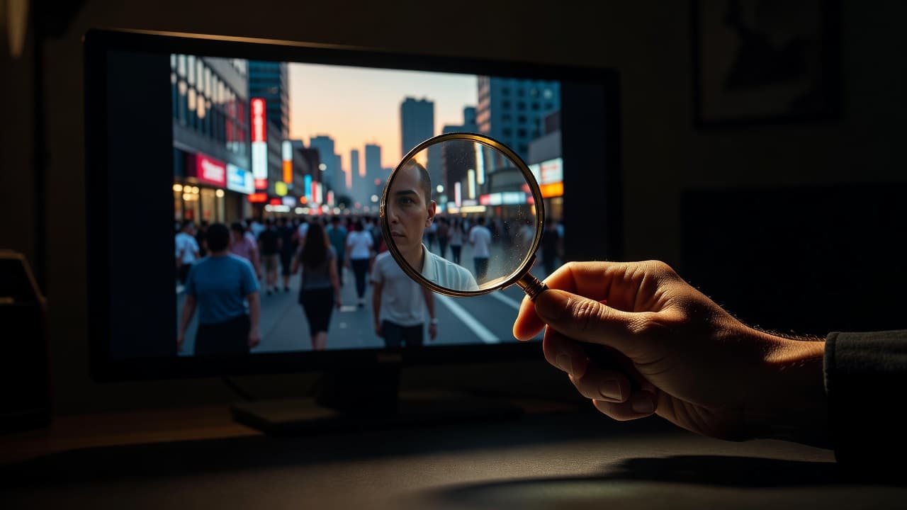 A person examines pixels on a computer screen using a magnifying glass under dramatic lighting.