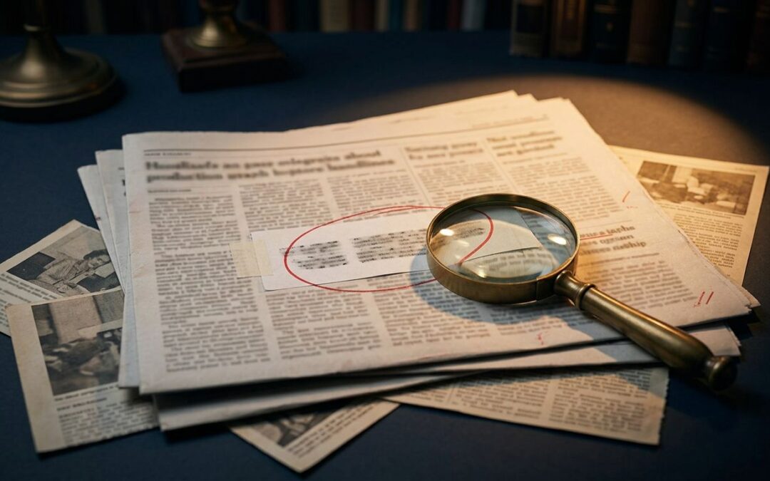 A magnifying glass highlights corrected passages on a layered newspaper desk.