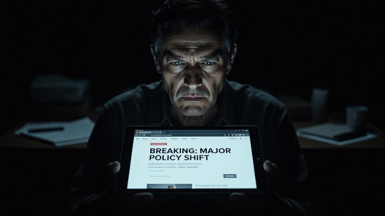A person looks at a tablet screen with a skeptical expression under dramatic, moody lighting.