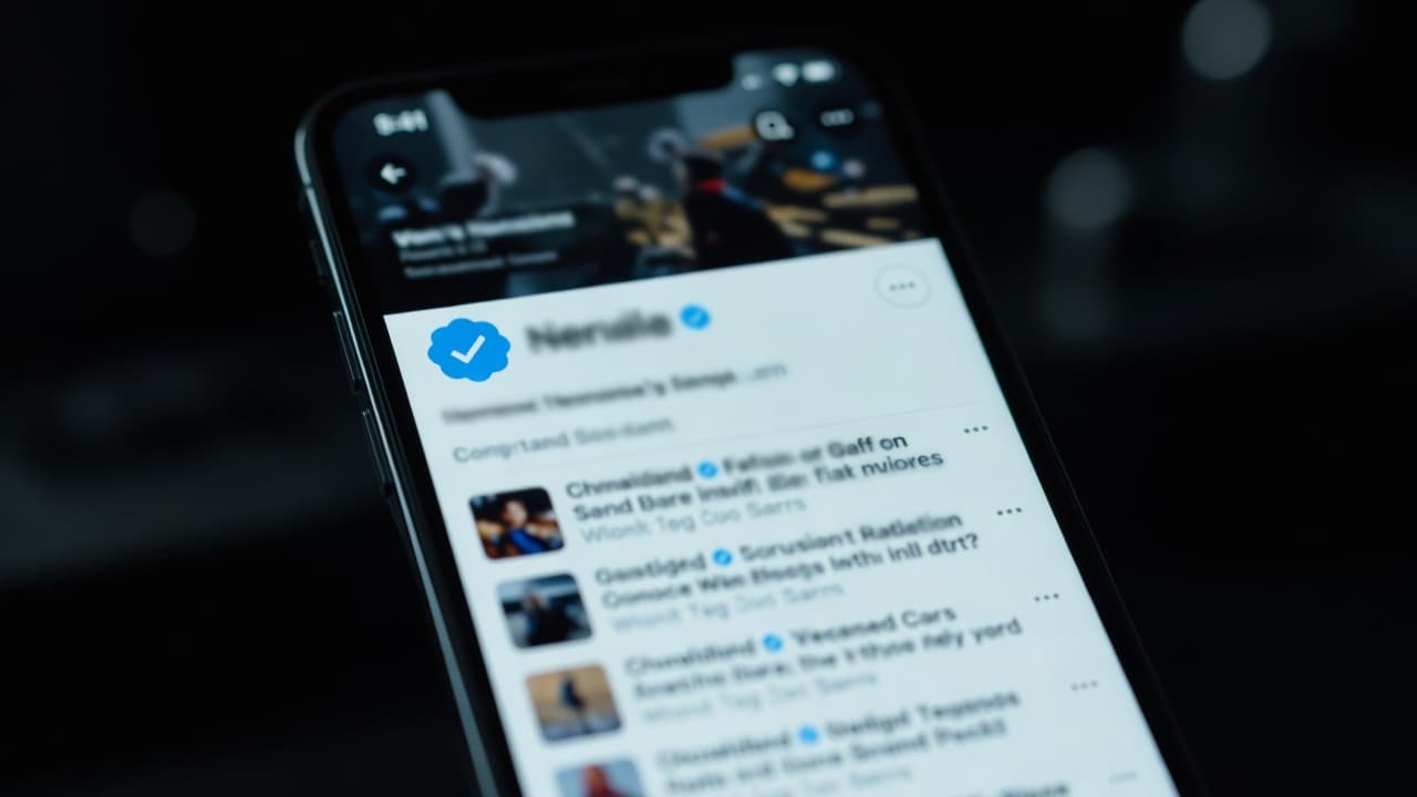 A smartphone screen displaying a blue verification checkmark over a blurred, chaotic social media feed.