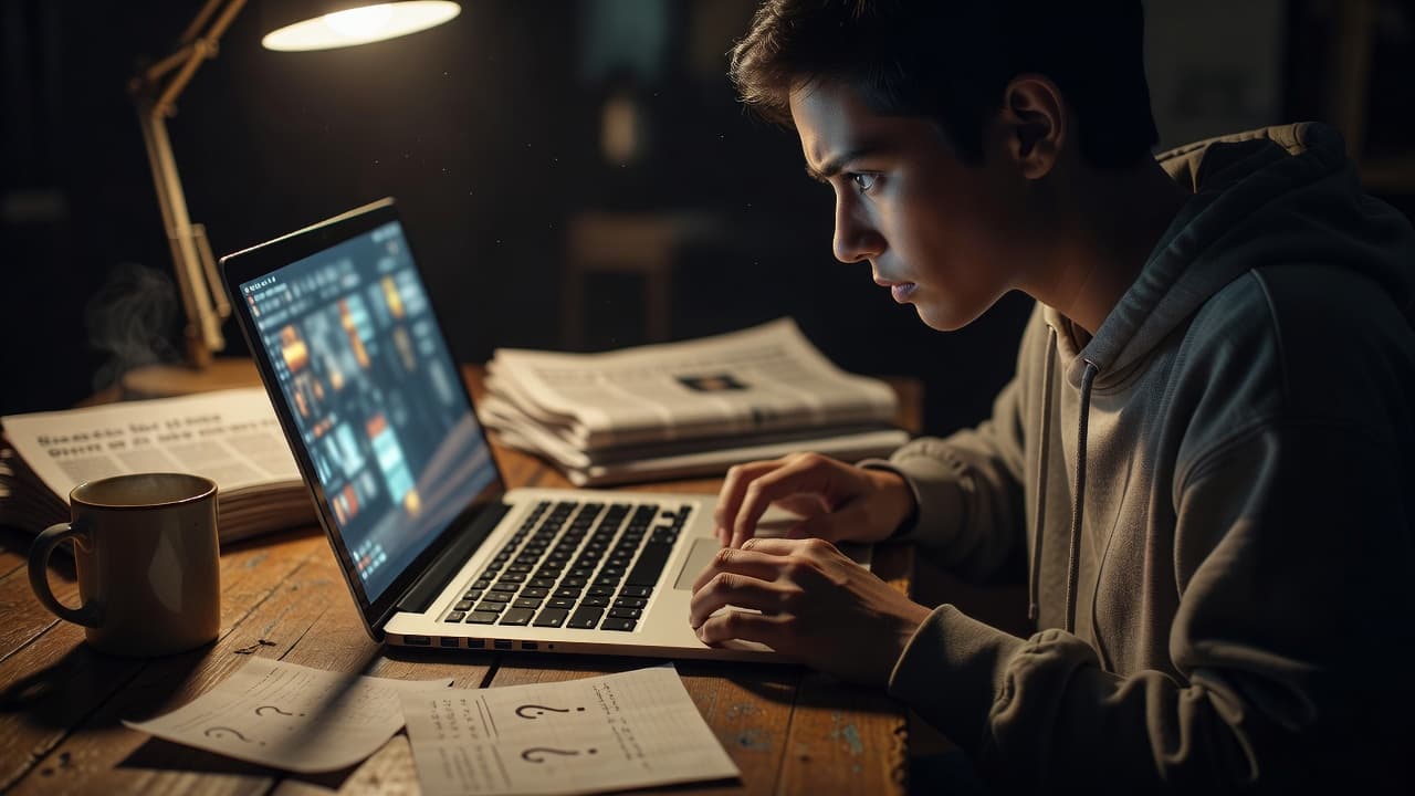 A close-up view focuses on a person working at a laptop, with warm, dramatic lighting casting deep shadows. The individual intently reviews online content, highlighting the process of verifying information accuracy.