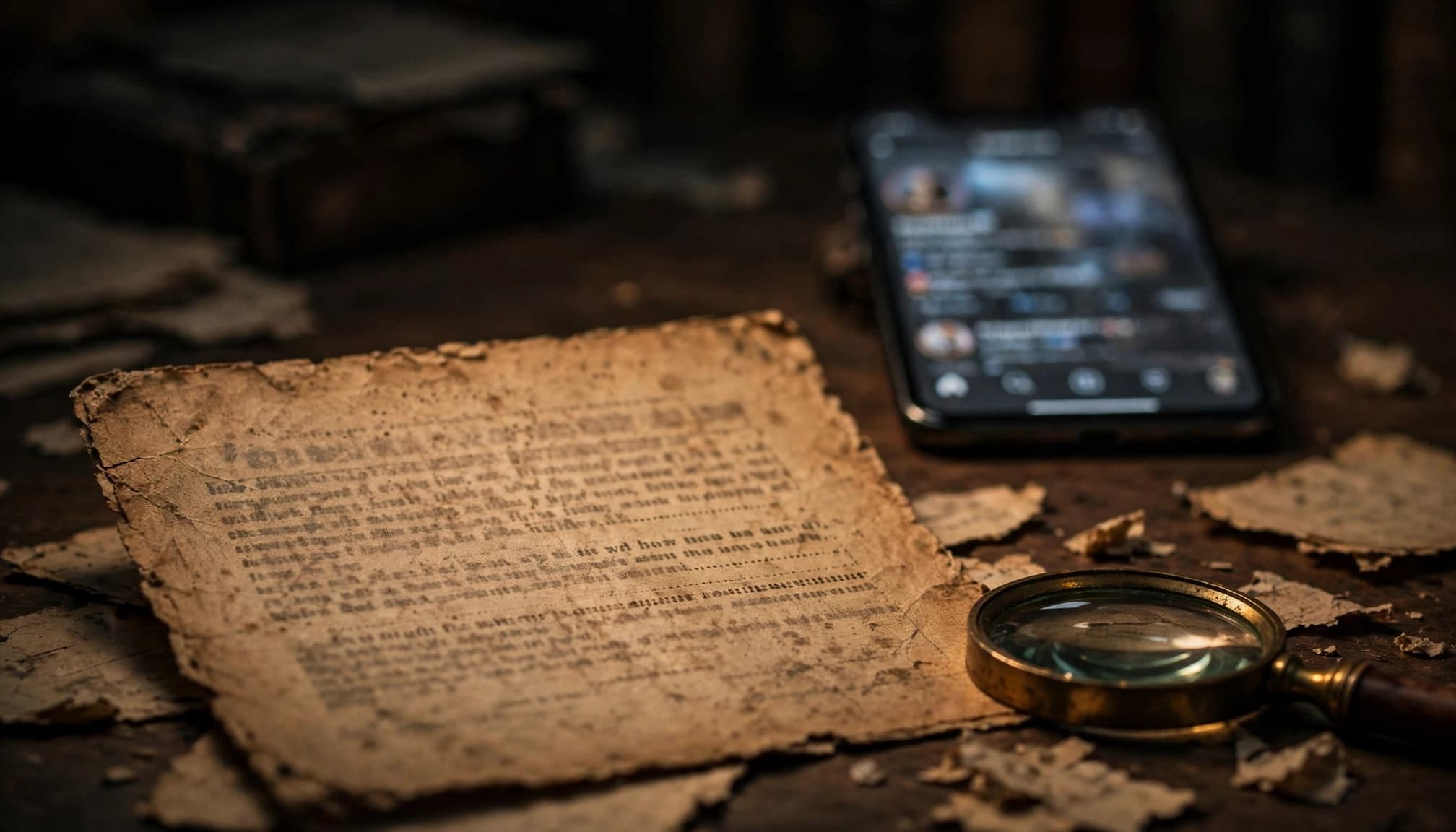 An old printed quotation sits before a smartphone on a dark wooden research table.