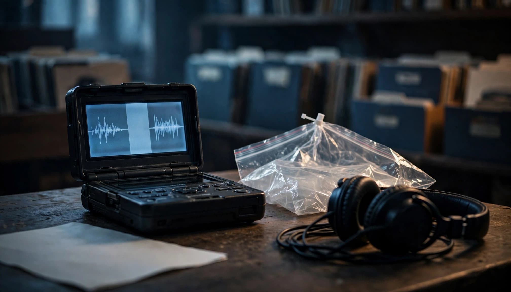 An audio recorder, evidence bag, and headphones rest on a wooden table.