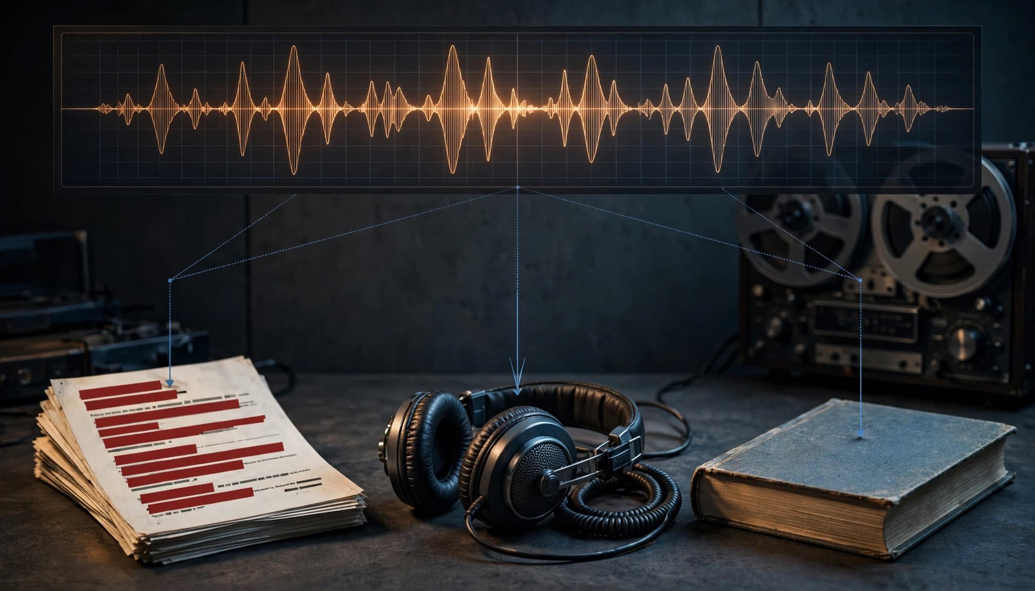 Headphones, a redacted transcript, and a reference book surround an audio waveform.