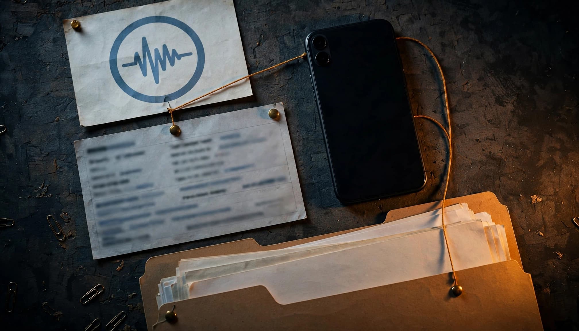 An evidence board with an audio file, phone, metadata panel, and source documents.