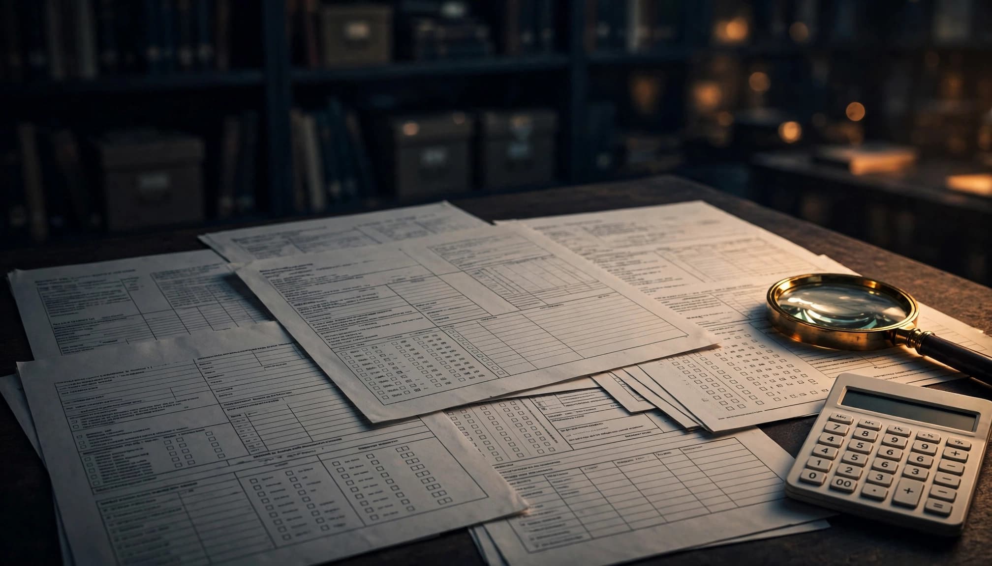 Disclosure forms, a magnifying glass, and a calculator sit on a reading table.