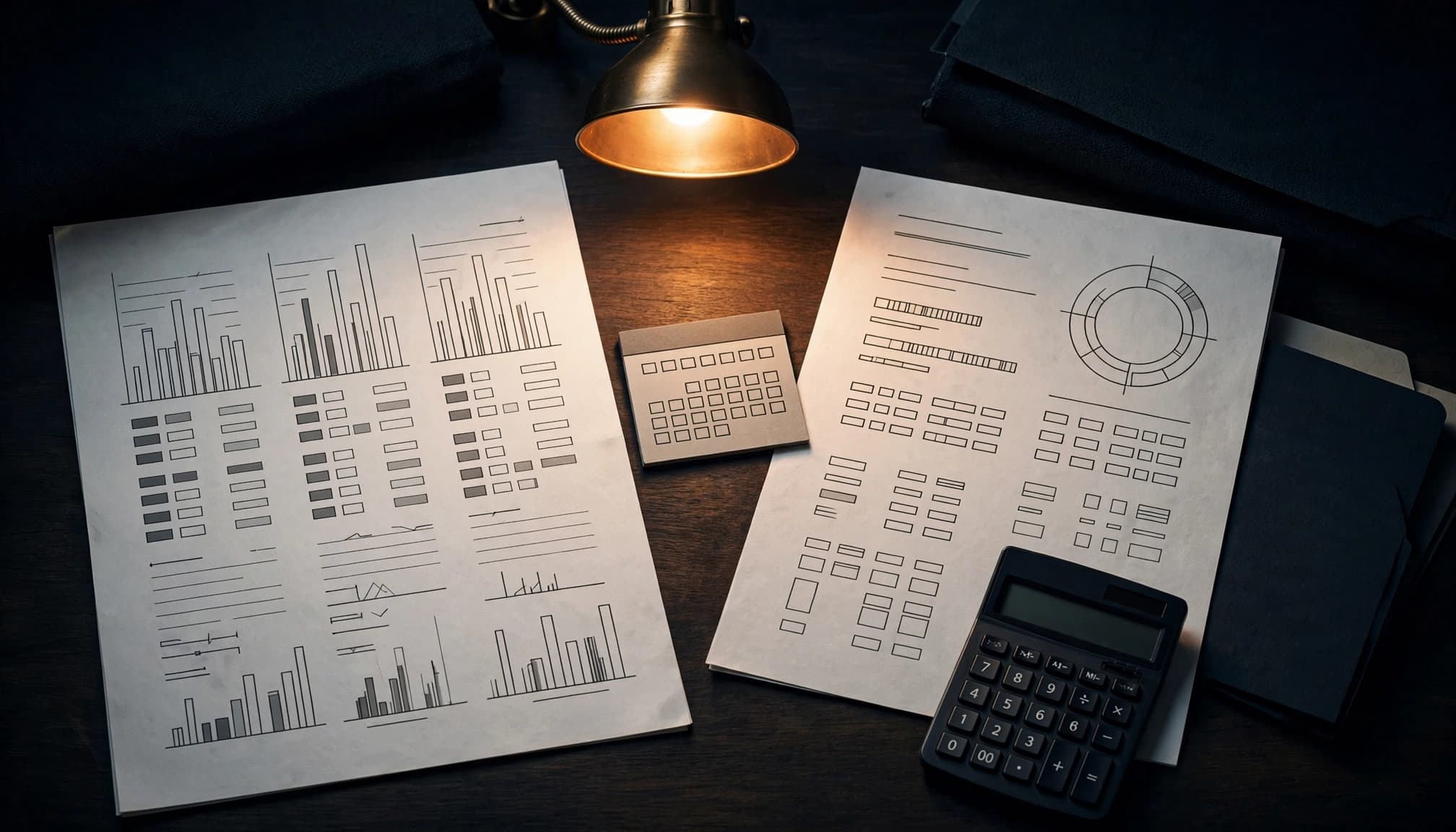 Two abstract report pages sit beside a calendar, calculator, and folder under a desk lamp.