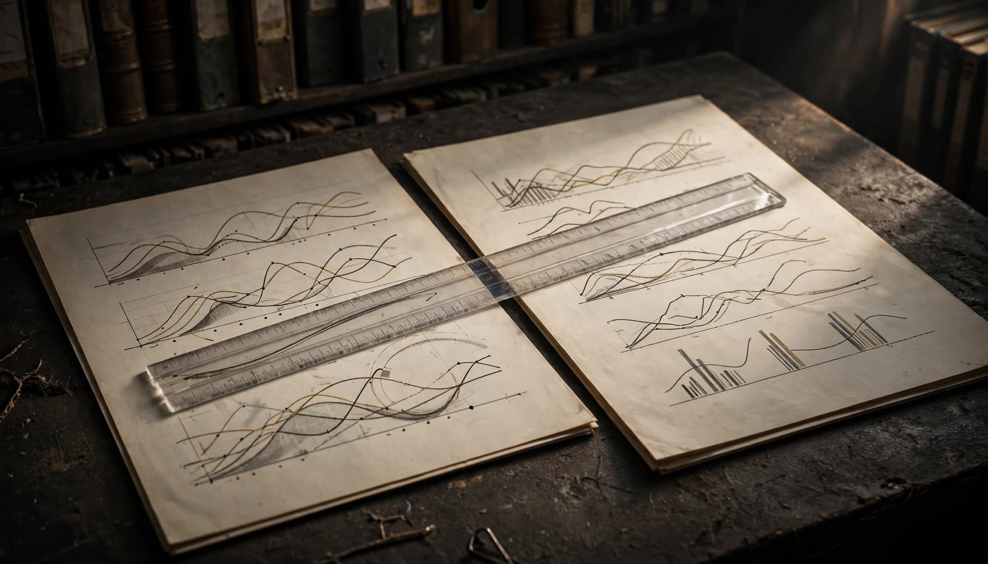 A transparent ruler rests across two angled pages on an archive table.