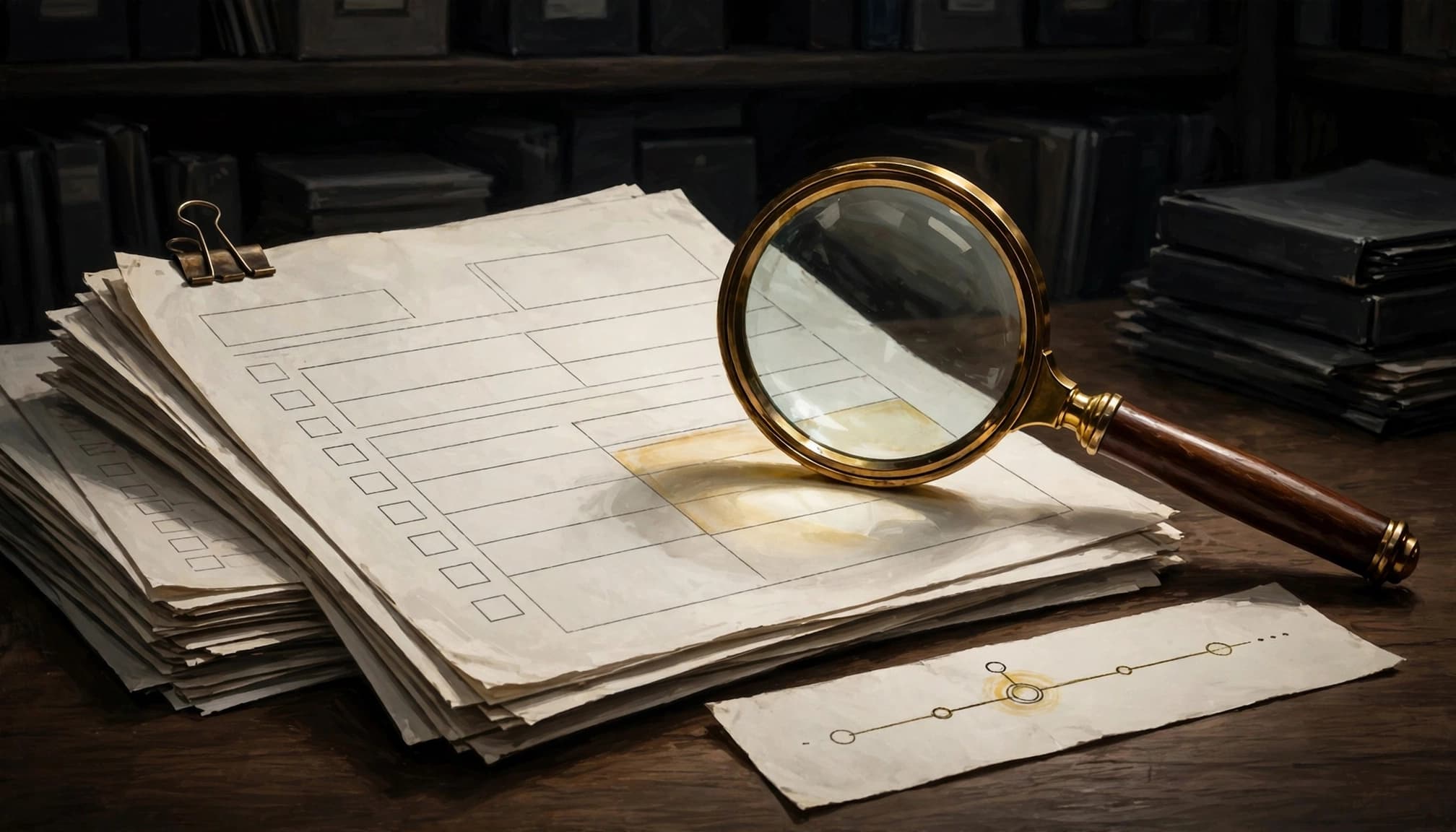 Papers, a magnifying glass, and a simple timeline sit on a wooden table.