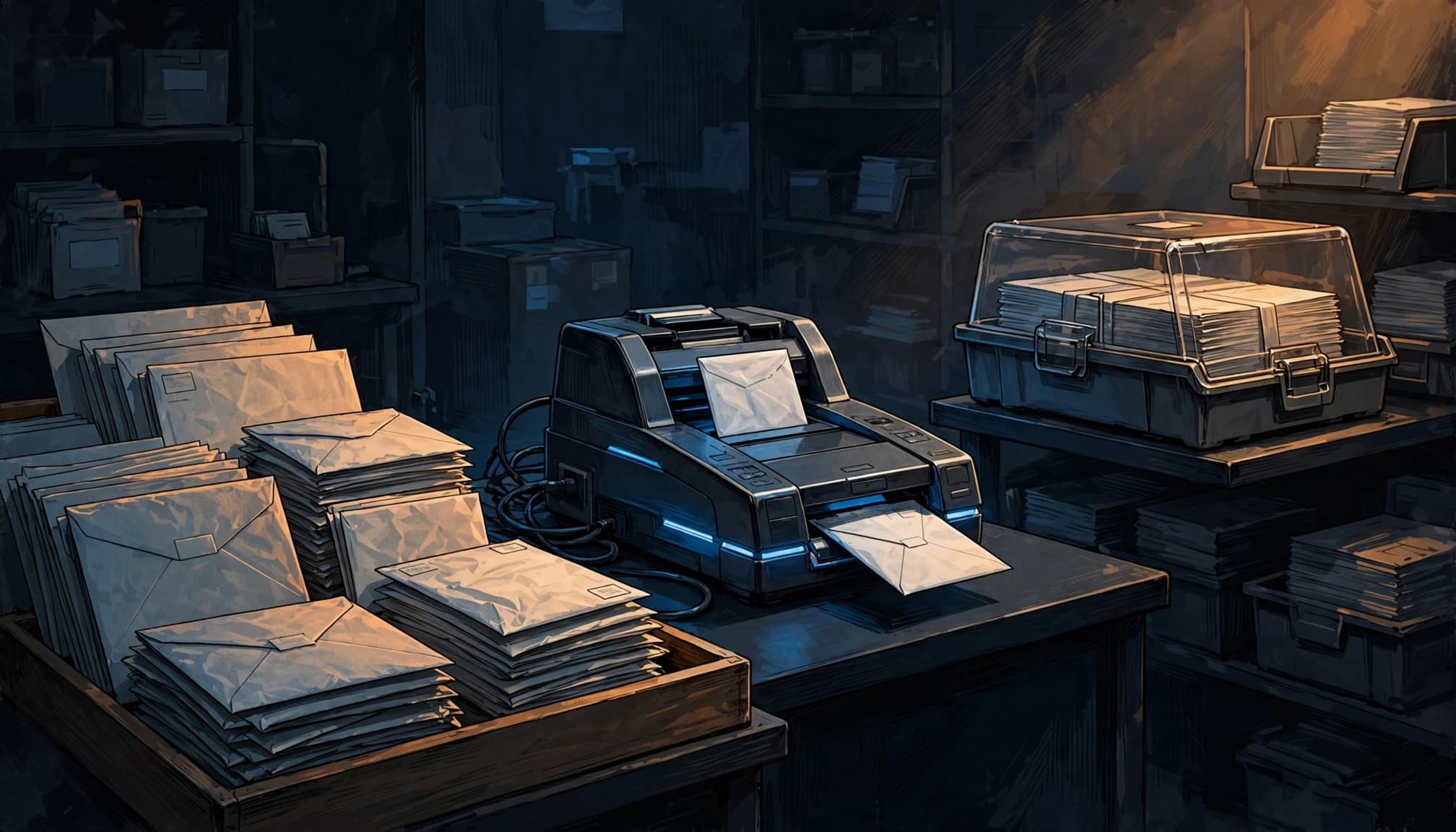 Sealed ballot envelopes, a scanner, and secure trays occupy separate stations in a county processing room.