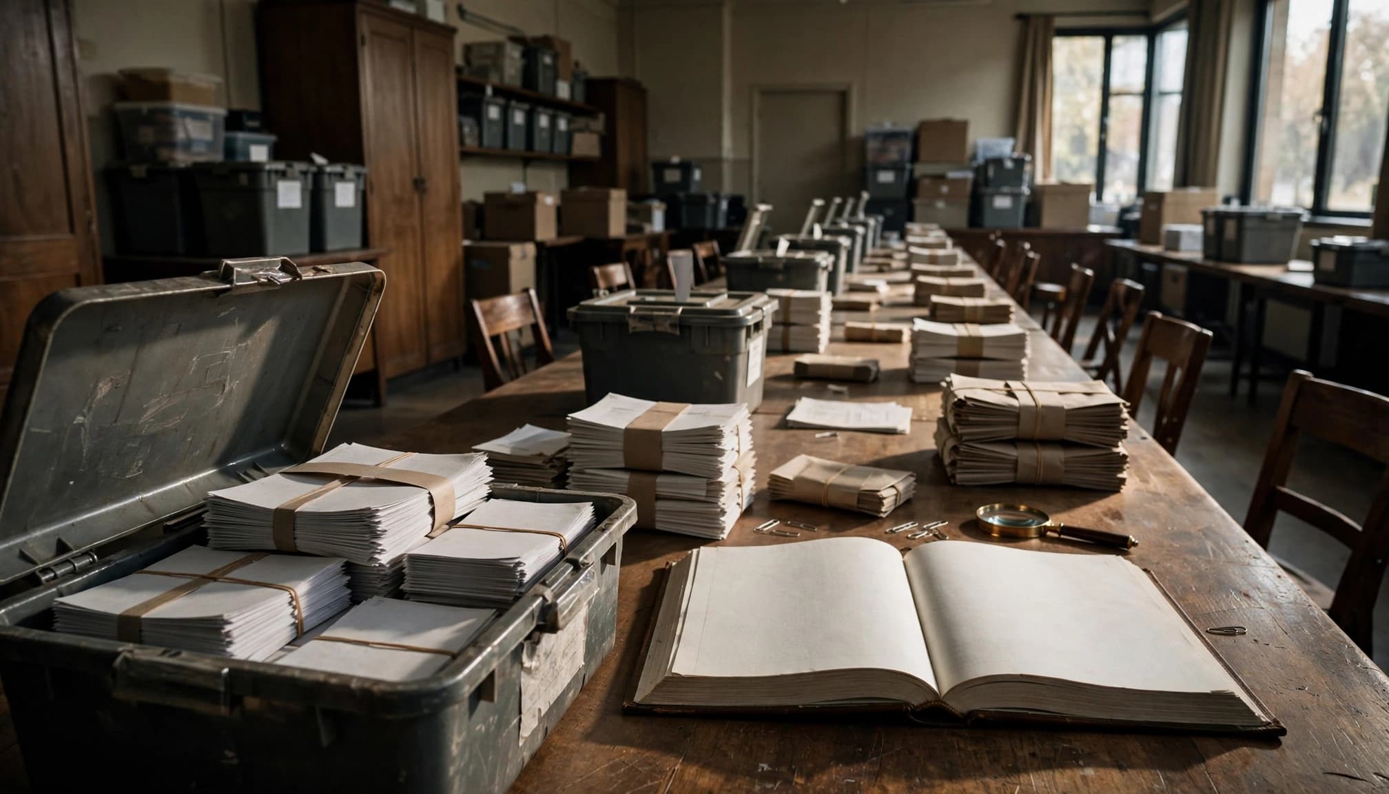 Ballot batches and an open ledger rest on a table in an empty election office.
