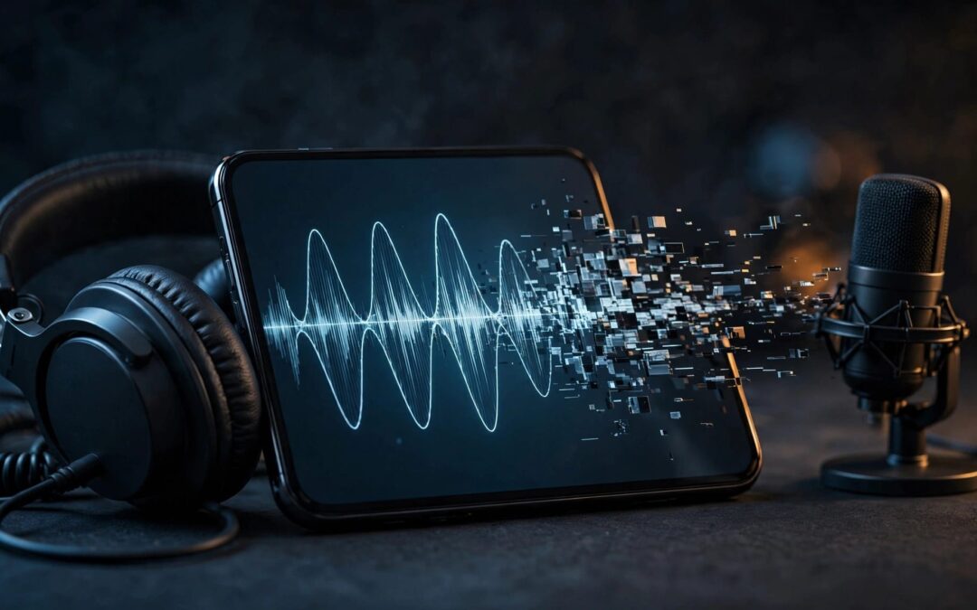 A phone with a distorted waveform beside headphones and a small microphone.