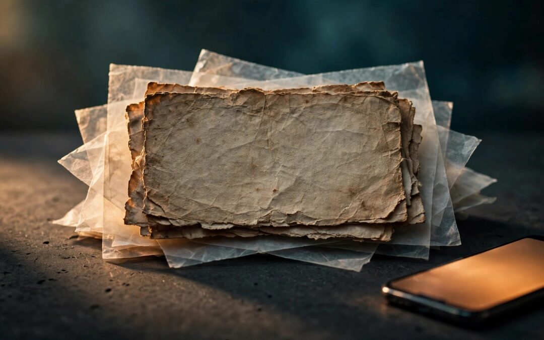 A worn quotation card, newspaper clippings, and glowing phone on a dark desk.