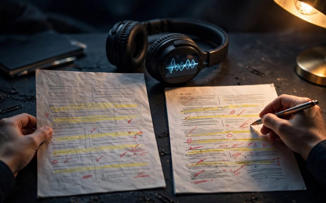 Hands compare audio and translated documents on a desk.