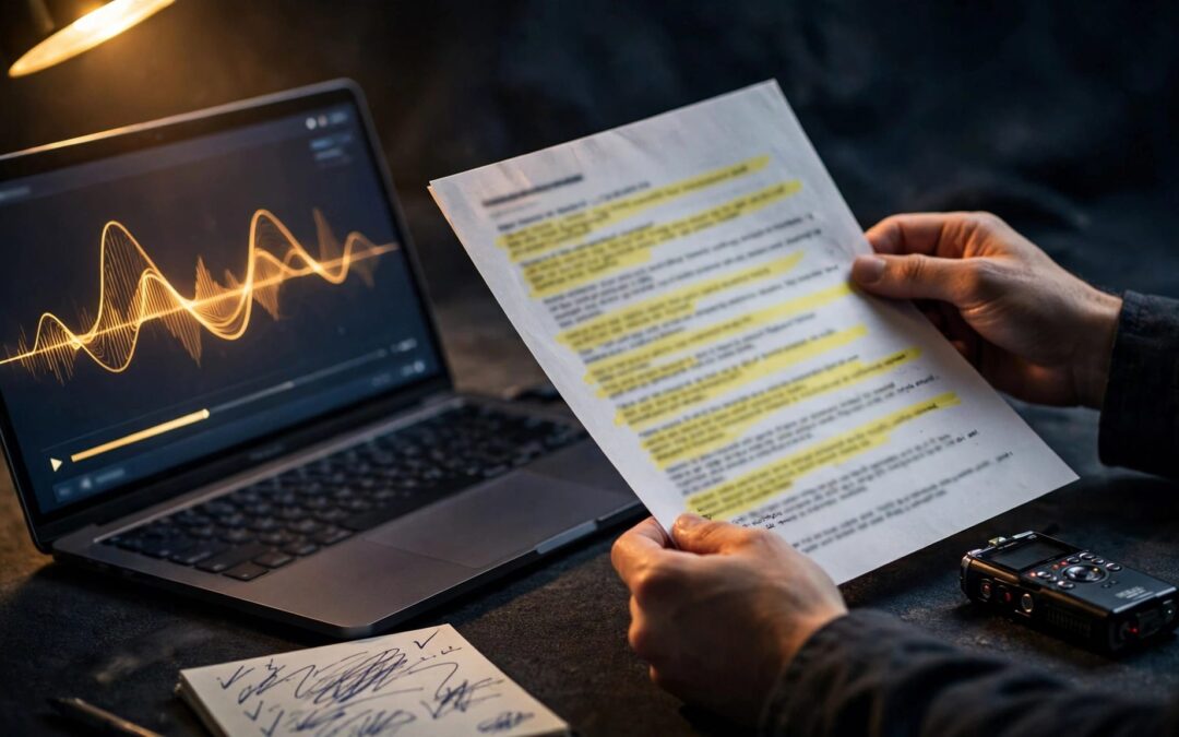Hands compare a laptop recording with a printed transcript beside an audio recorder and notes.