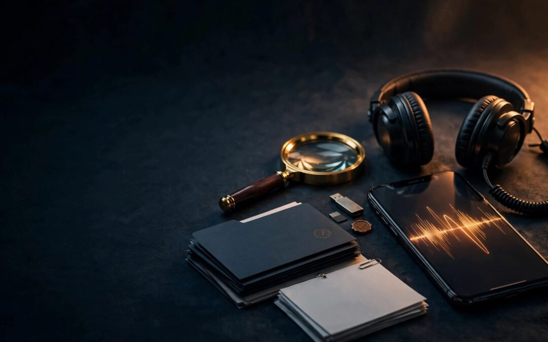 A phone with an audio waveform beside headphones and a magnifying glass.