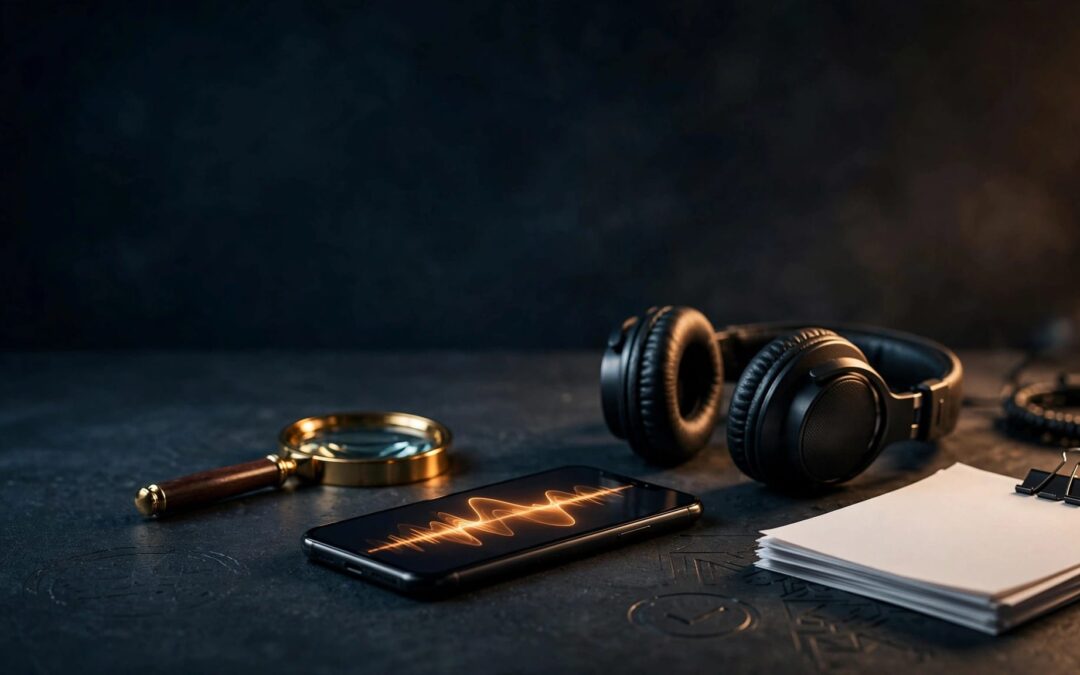 A smartphone with an audio waveform beside headphones, a magnifying glass, and source files.