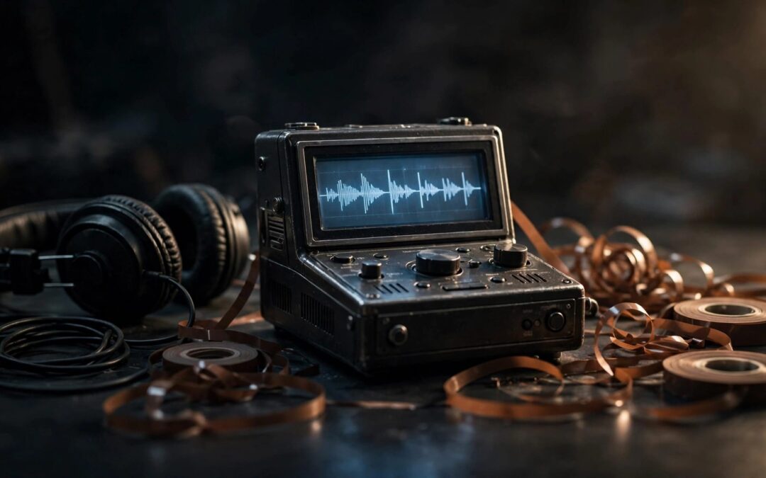 Vintage recorder with headphones, tape, and a paused waveform on a dark table.