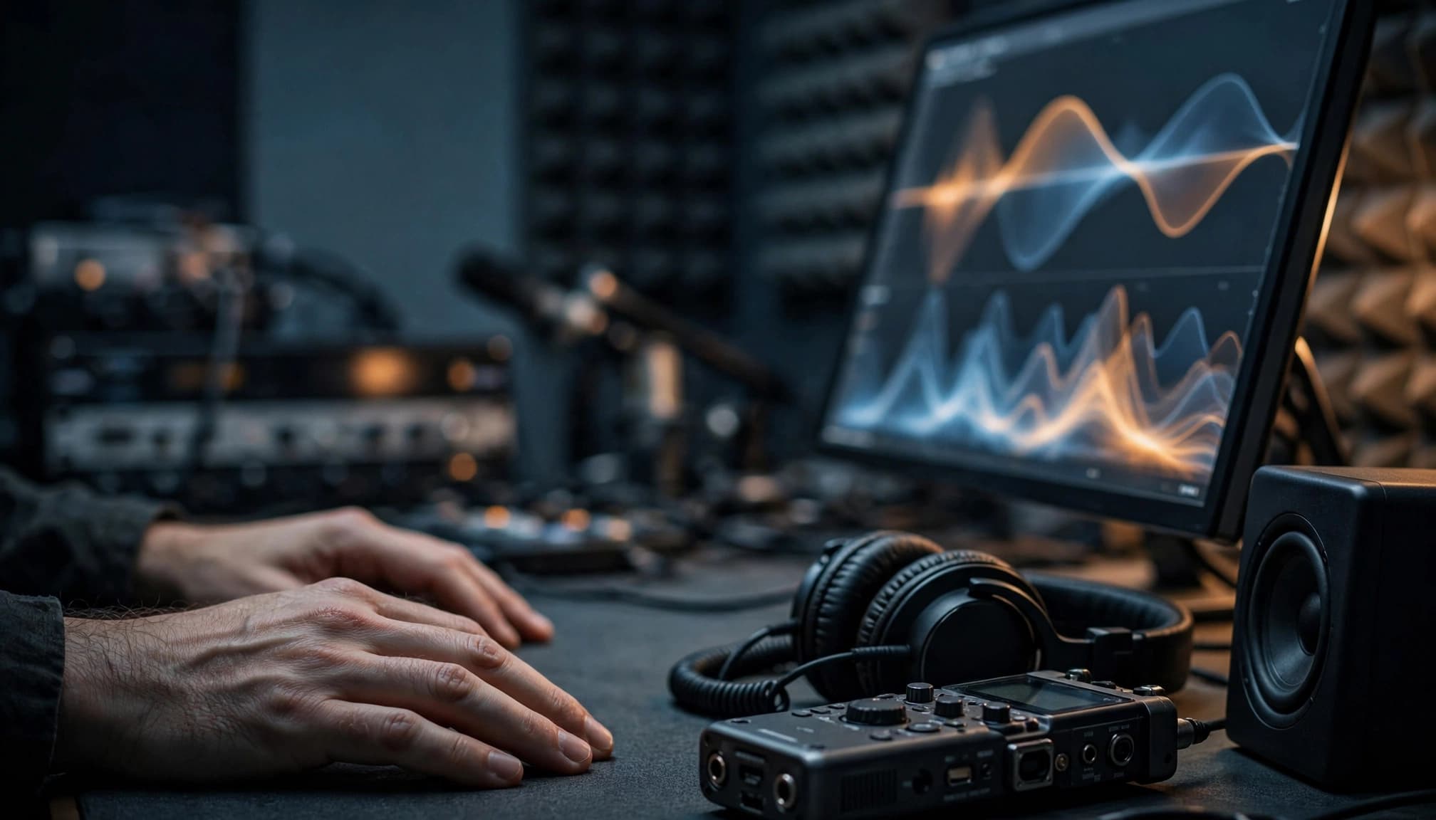 Relaxed hands beside headphones and a recorder in a sound lab with waveform graphics.
