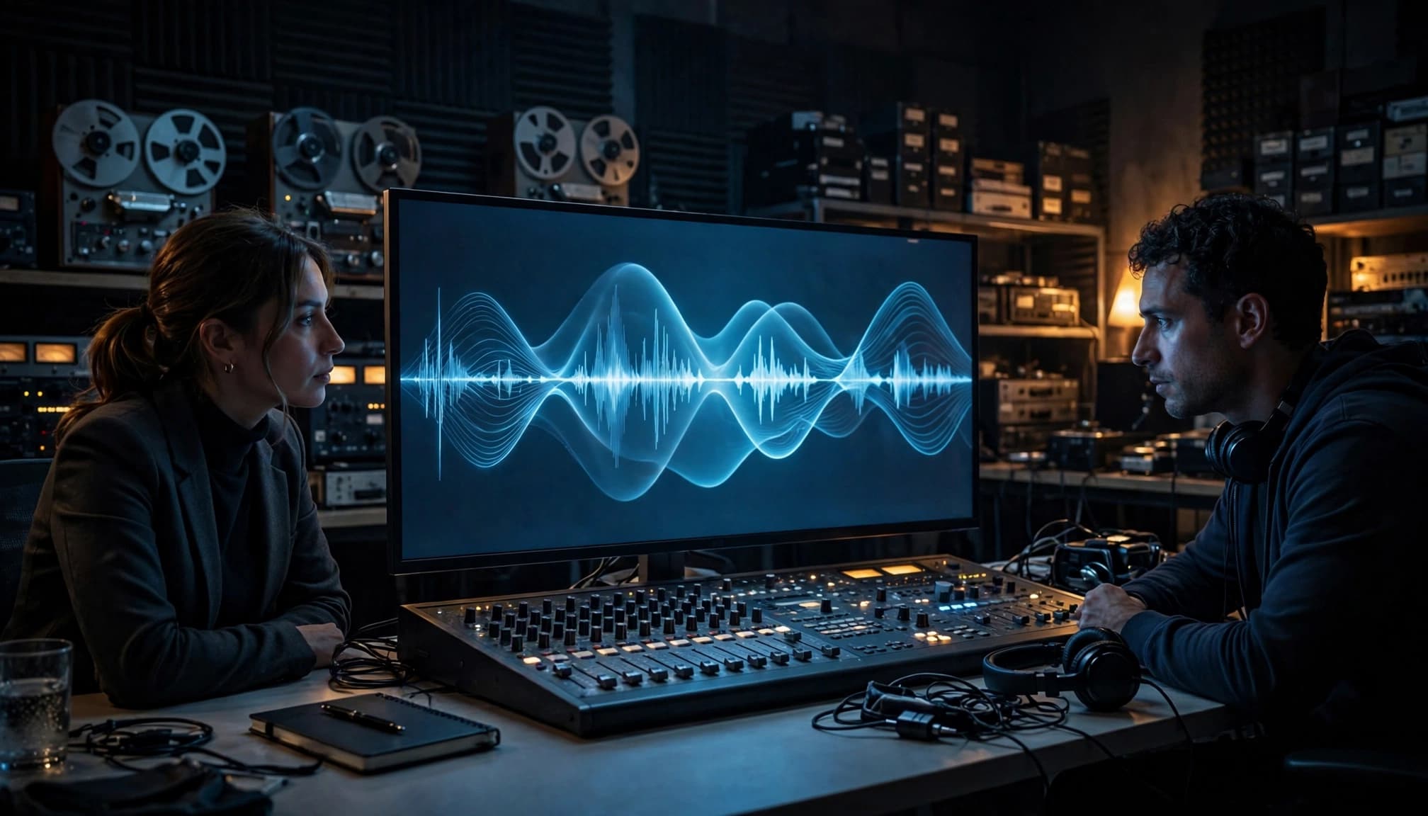 Two newsroom workers examine an audio waveform beside a mixing console.
