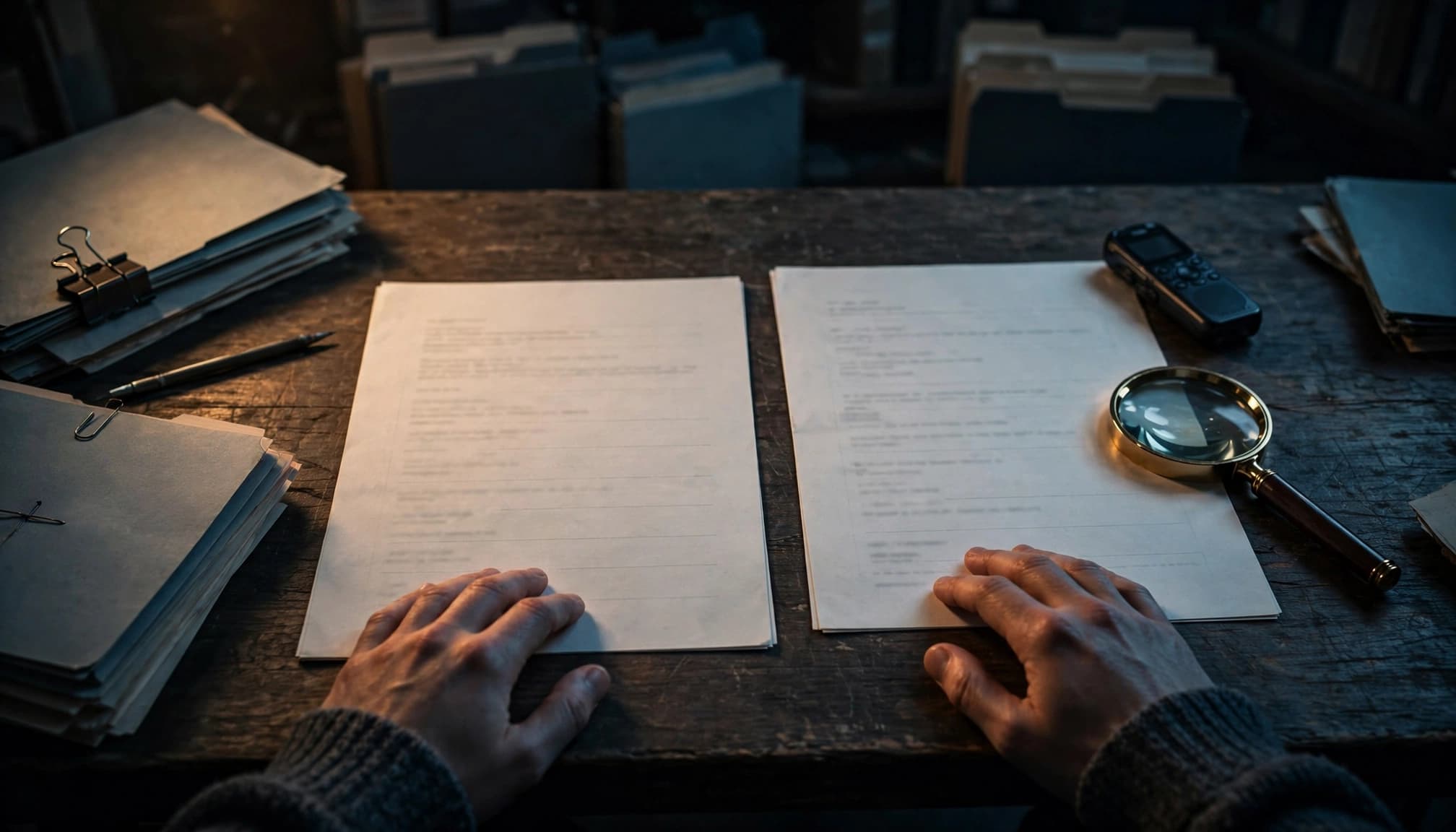 Fact-checker compares two transcript pages beside a magnifying glass and recording device.