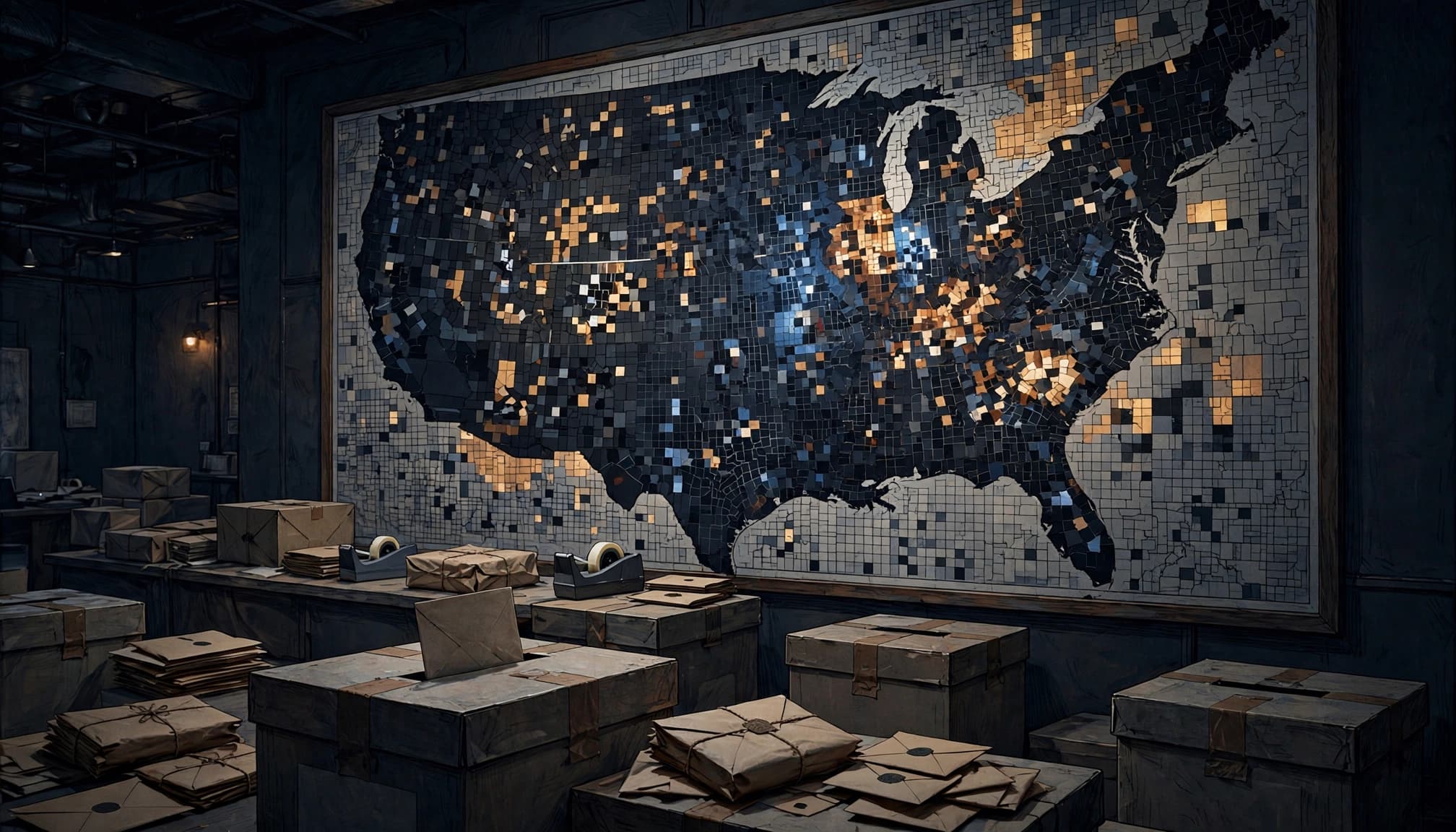 A U.S. county map has lit and dark tiles above ballot boxes and sealed envelopes.