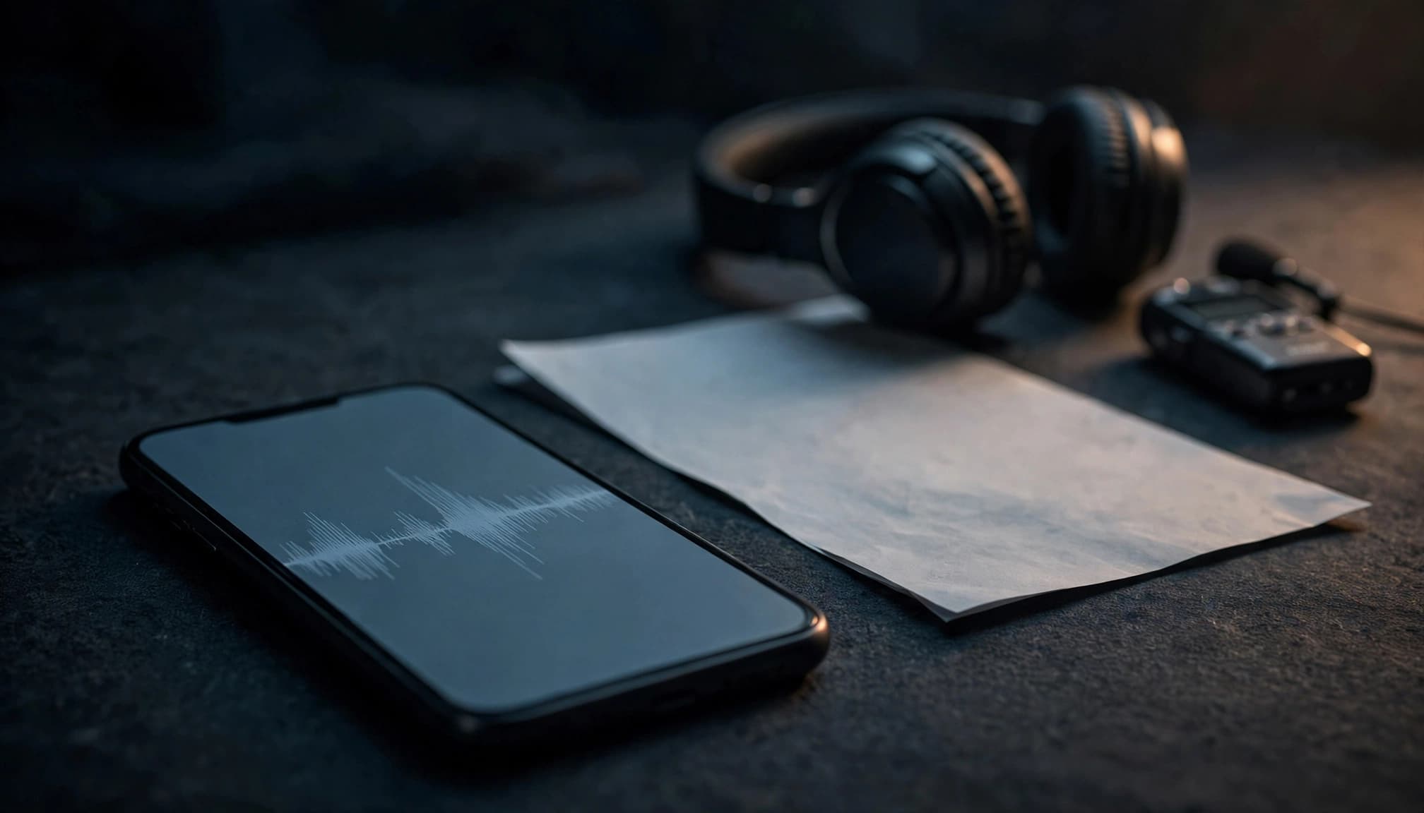 A smartphone with an audio waveform beside a transcript, headphones, and a small recorder.